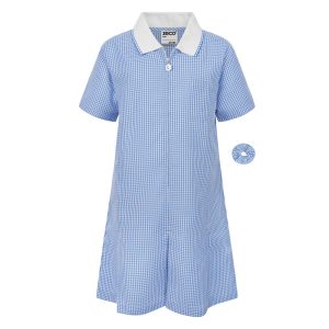 Frontal view of a sky blue gingham summer dress with a matching scrunchie.