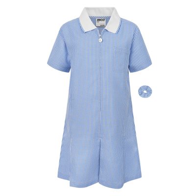Frontal view of a sky blue gingham summer dress with a matching scrunchie.