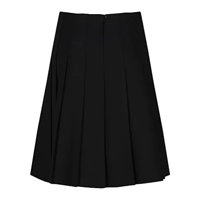 Frontal view of a black premium stitched-down pleated skirt.