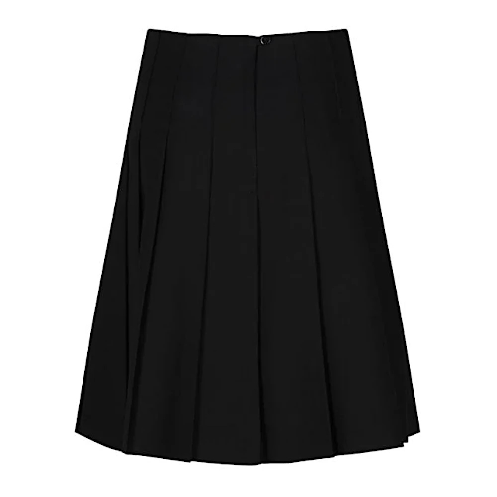Frontal view of a black premium stitched-down pleated skirt.