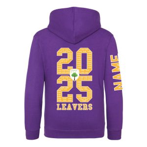 Rear view of a purple hoodie. The year 2025 is printed on big letters over 2 lines with the Glenleigh Park embelm in the middle, just touching all four numbers. Below the 25, is the word "LEAVERS". The right sleeve has the example word "NAME" printed on it.