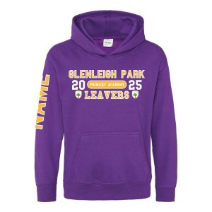 Frontal view of a purple hoodie with the text "Glenleigh Park Primary Academy Leavers" printed to the chest over three lines. to the left of "Primary Academy" is a "20" and, to the right, a "25". Both side of the word "leavers" is the school's emblem. The right sleeve has the example word "NAME" printed on it.