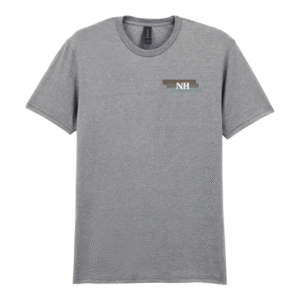 Frontal view of the New Horizons School grey PE t-shirt with the school's logo embroidered on the left breast.