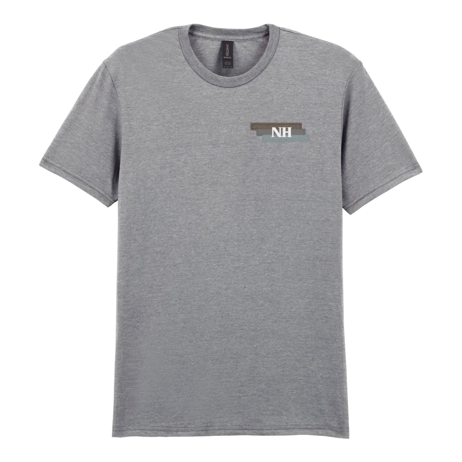 Frontal view of the New Horizons School grey PE t-shirt with the school's logo embroidered on the left breast.