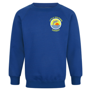 Frontal view of a royal blue crew-neck sweatshirt with the Little Dolphins Nursery logo embroidered on the left breast.