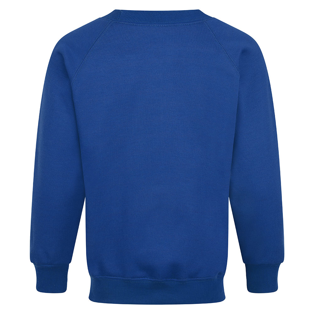 Rear view of a royal blue sweatshirt