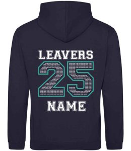 Rear view of the St Pauls 2025 navy leavers hoodie. The word "LEAVERS" is printed in white with the outline of "25" below in jade green. Inside the 25 is sample repeating text that reads "name". Below the number is the Example White print that reads "NAME".