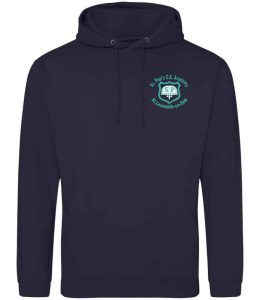 Frontal view of a navy hoodie with the St Pauls emblem printed on the left breast.