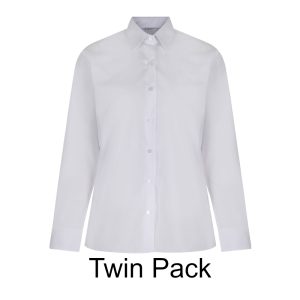 Frontal view of a white button-up collard blouse with long sleeves. Black text below reads: "Twin Pack"