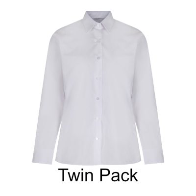 Frontal view of a white button-up collard blouse with long sleeves. Black text below reads: "Twin Pack"
