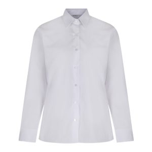 Frontal view of a white button-up collard blouse with long sleeves.