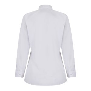 Rear view of a white button-up collard blouse with long sleeves.