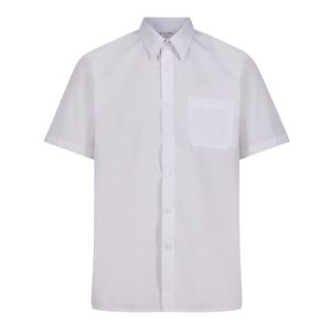 Frontal view of a white button-up collared shirt.