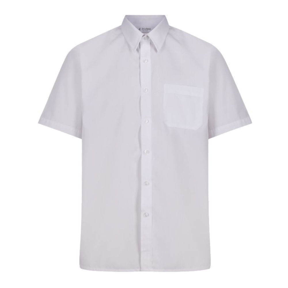 Frontal view of a white button-up collared shirt.
