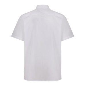 Rear view of a white button-up collared shirt.