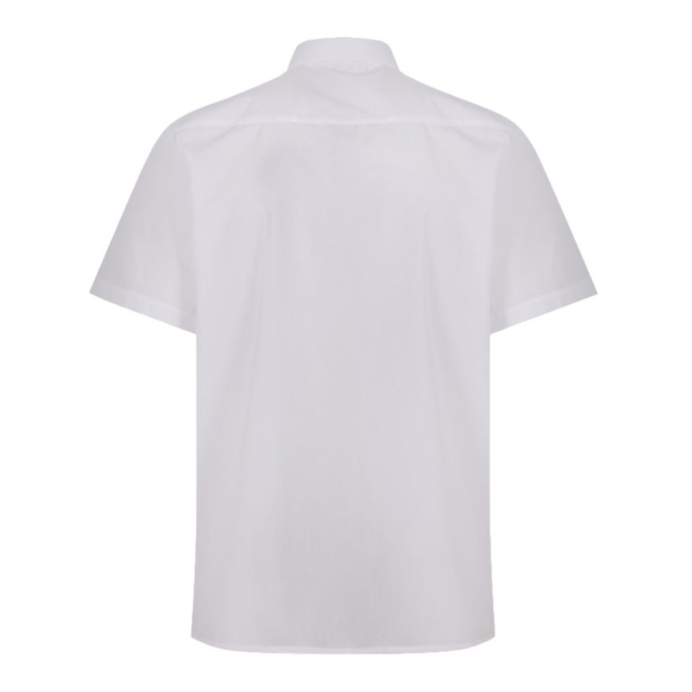 Rear view of a white button-up collared shirt.