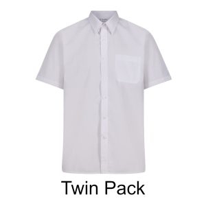 Frontal view of a white button-up collared shirt with black text below that reads: "Twin Pack"
