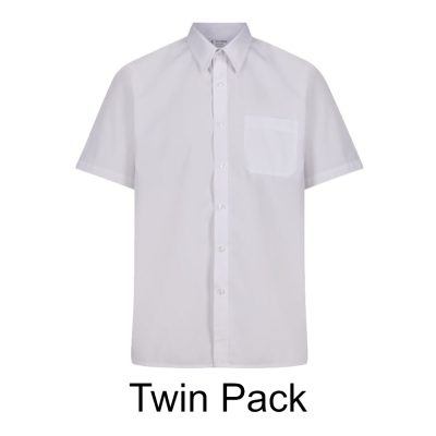 Frontal view of a white button-up collared shirt with black text below that reads: "Twin Pack"