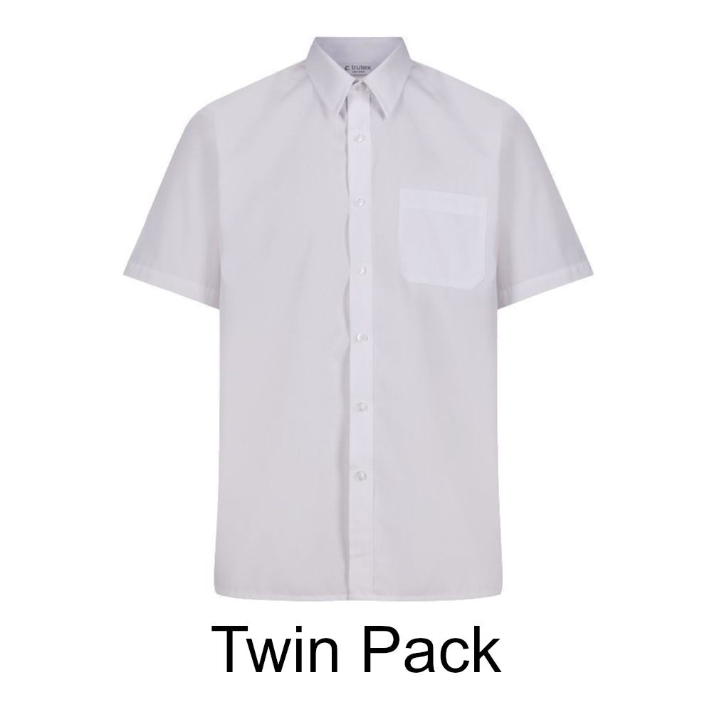 Frontal view of a white button-up collared shirt with black text below that reads: "Twin Pack"