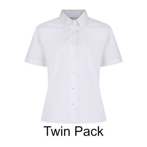 Frontal view of a white button-up collard blouse with short sleeves. Black text below reads: "Twin Pack"