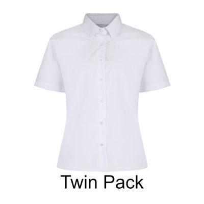 Frontal view of a white button-up collard blouse with short sleeves. Black text below reads: "Twin Pack"