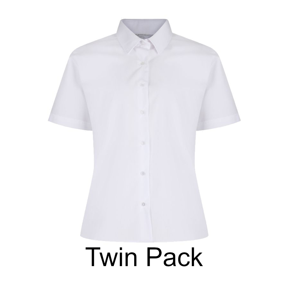 Frontal view of a white button-up collard blouse with short sleeves. Black text below reads: "Twin Pack"