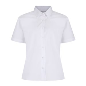 Frontal view of a white button-up collard blouse with short sleeves.