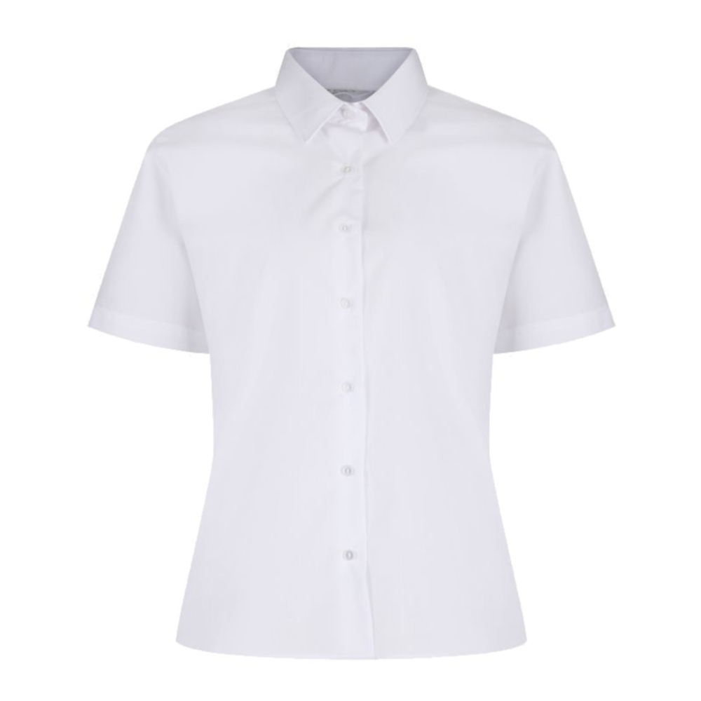 Frontal view of a white button-up collard blouse with short sleeves.