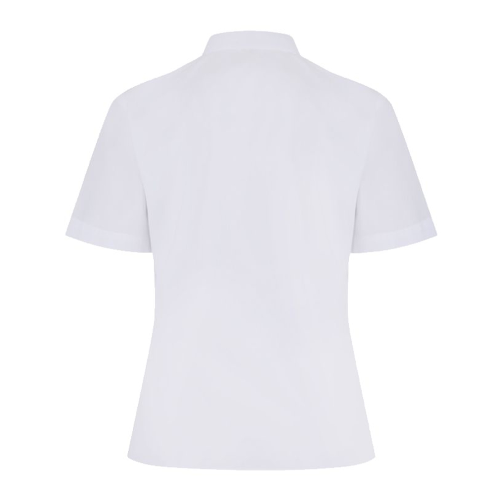 Rear view of a white button-up collard blouse with short sleeves.