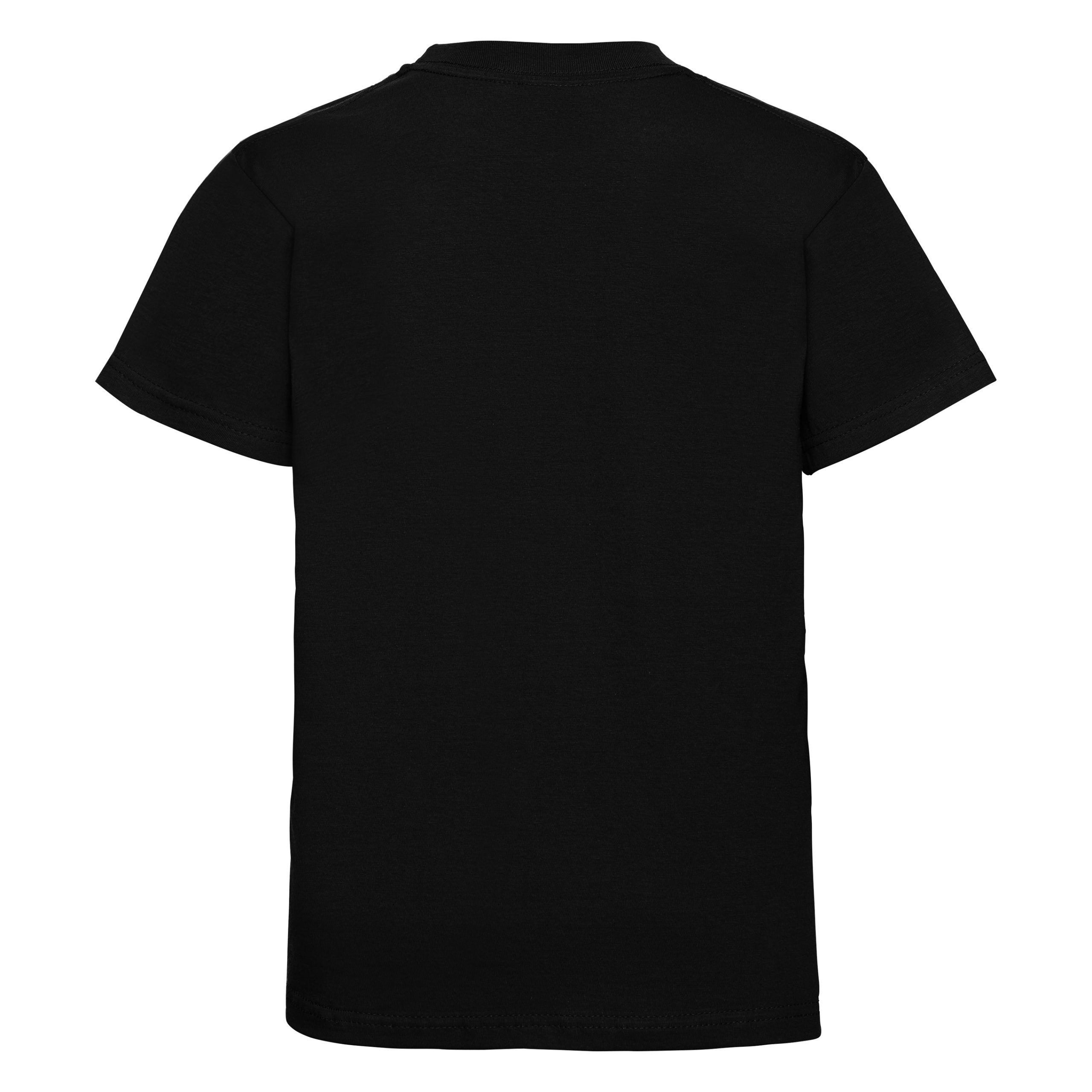 Rear view of a kids' plain black t-shirt.