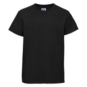 Frontal view of a kids' plain black t-shirt.
