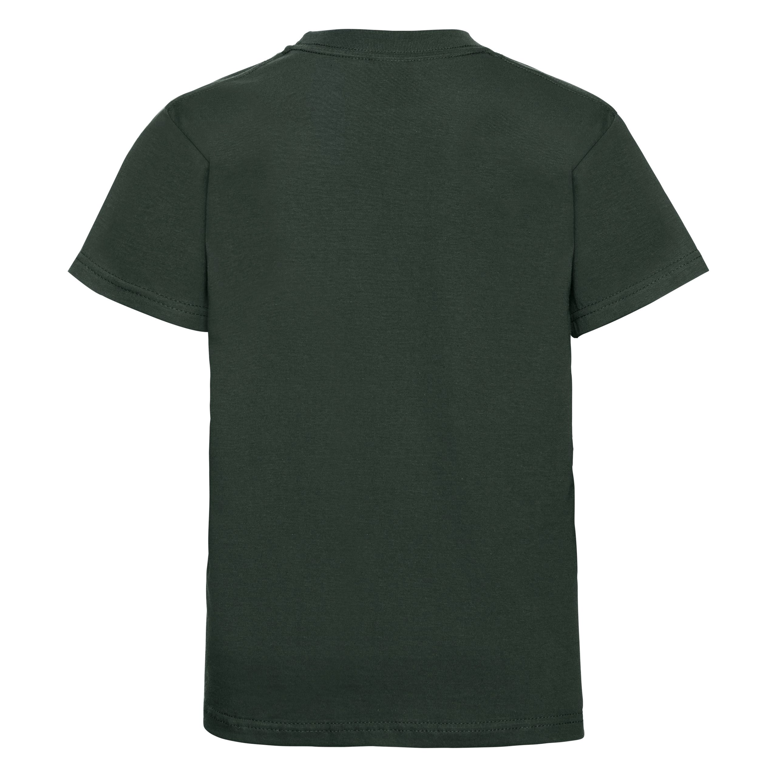 Rear view of a kids' plain bottle green t-shirt.