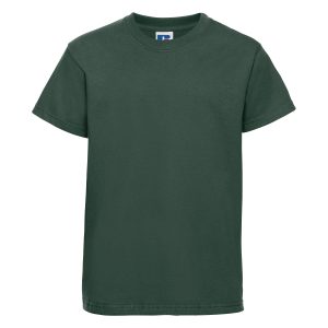 Frontal view of a kids' plain bottle green t-shirt.