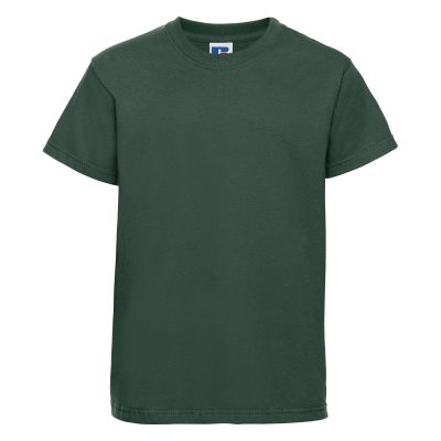 Frontal view of a kids' plain bottle green t-shirt.
