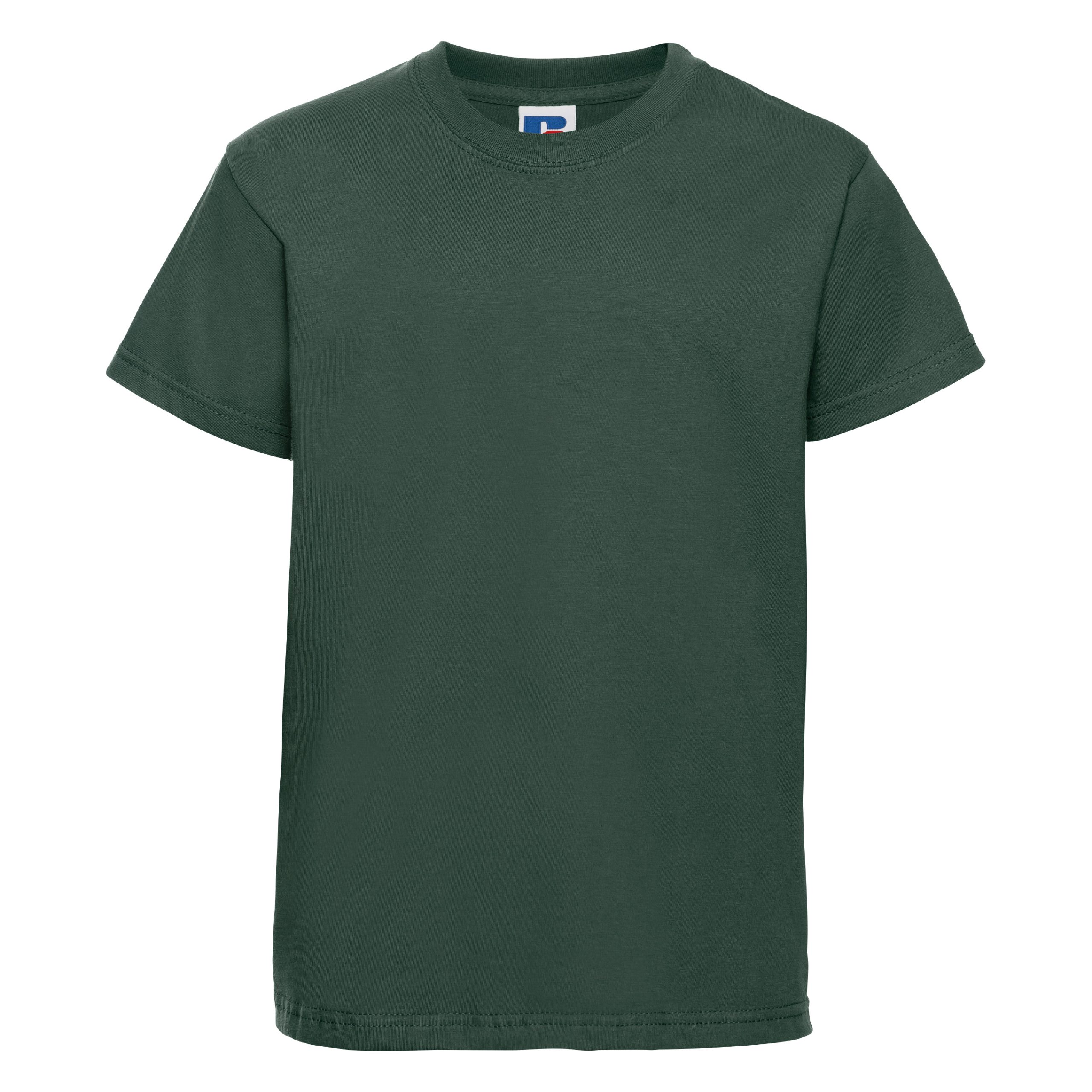 Frontal view of a kids' plain bottle green t-shirt.