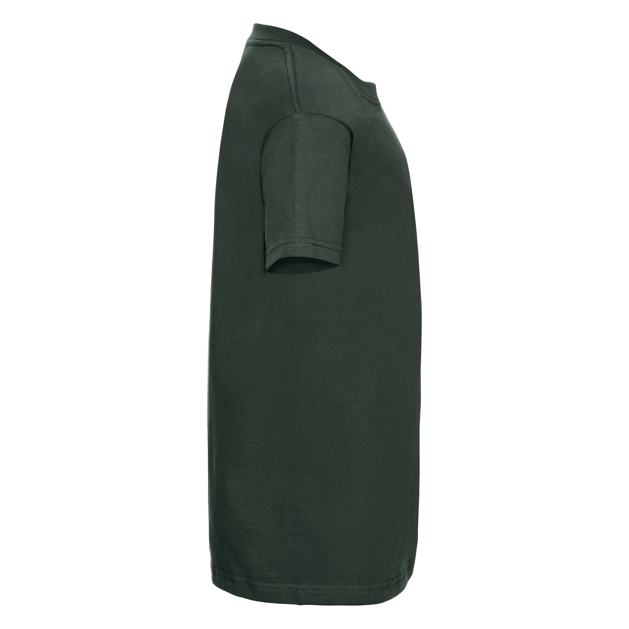 Side view of a kids' plain bottle green t-shirt.