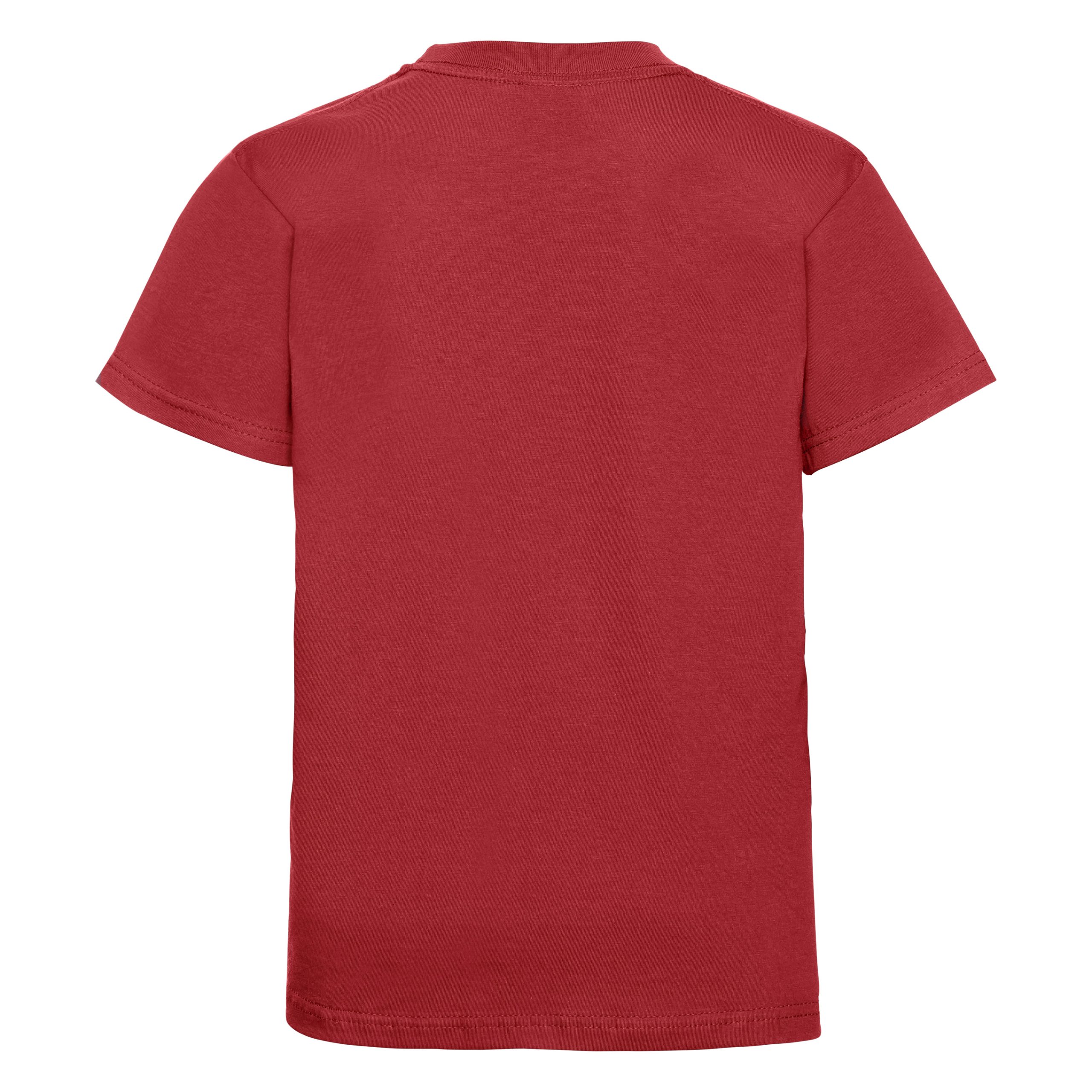 Rear view of a kids' plain bright red t-shirt.