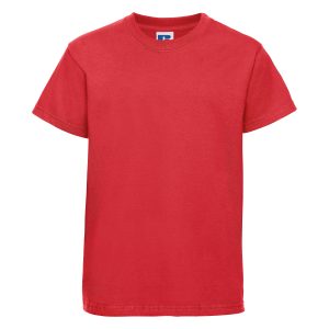 Frontal view of a kids' plain bright red t-shirt.