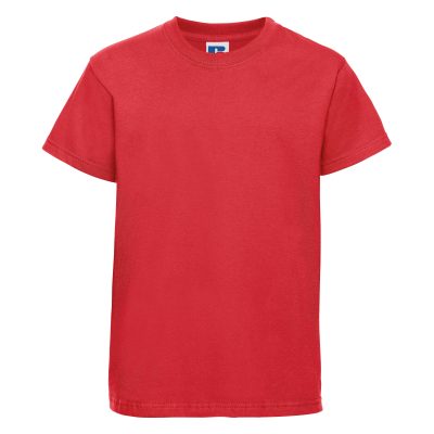 Frontal view of a kids' plain bright red t-shirt.