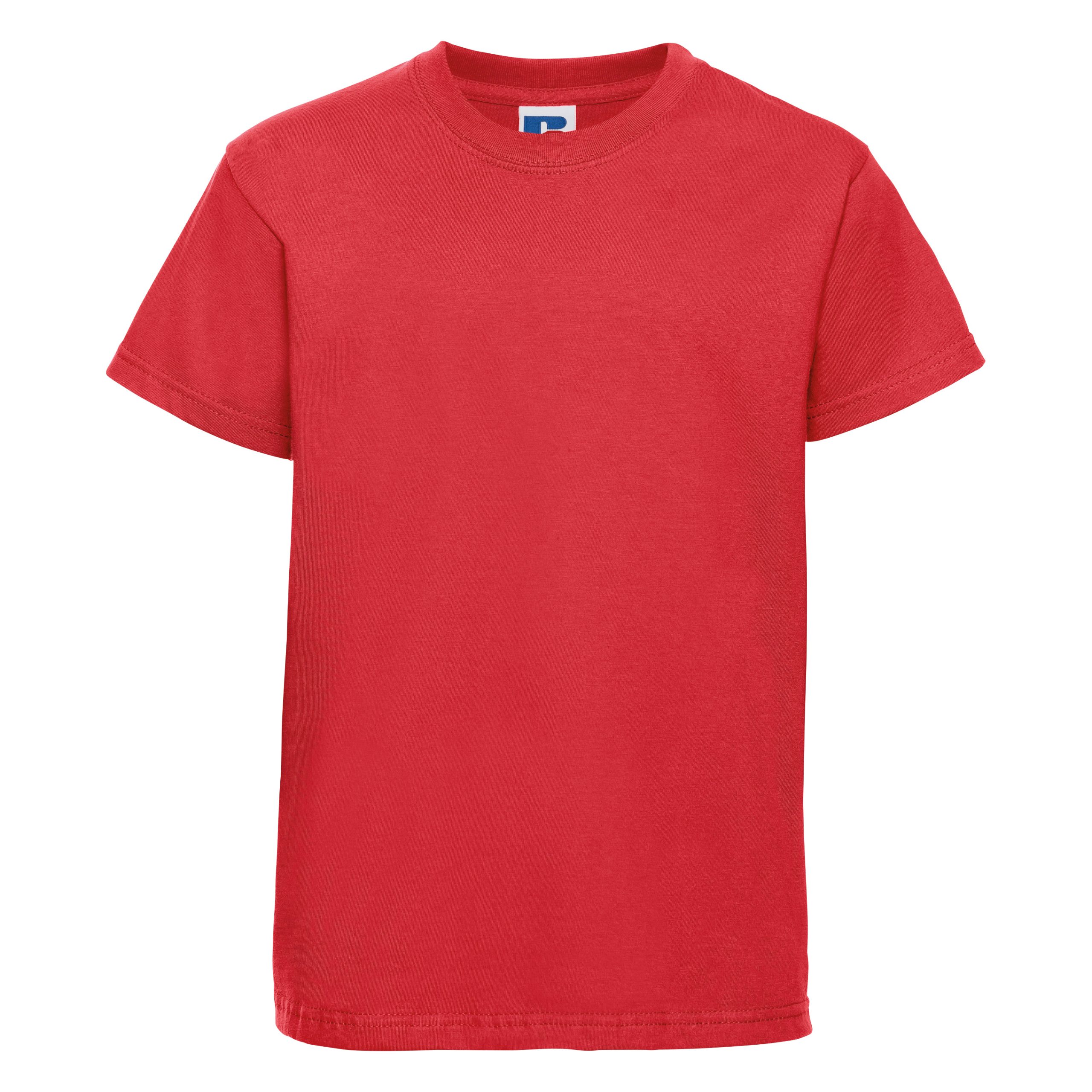 Frontal view of a kids' plain bright red t-shirt.