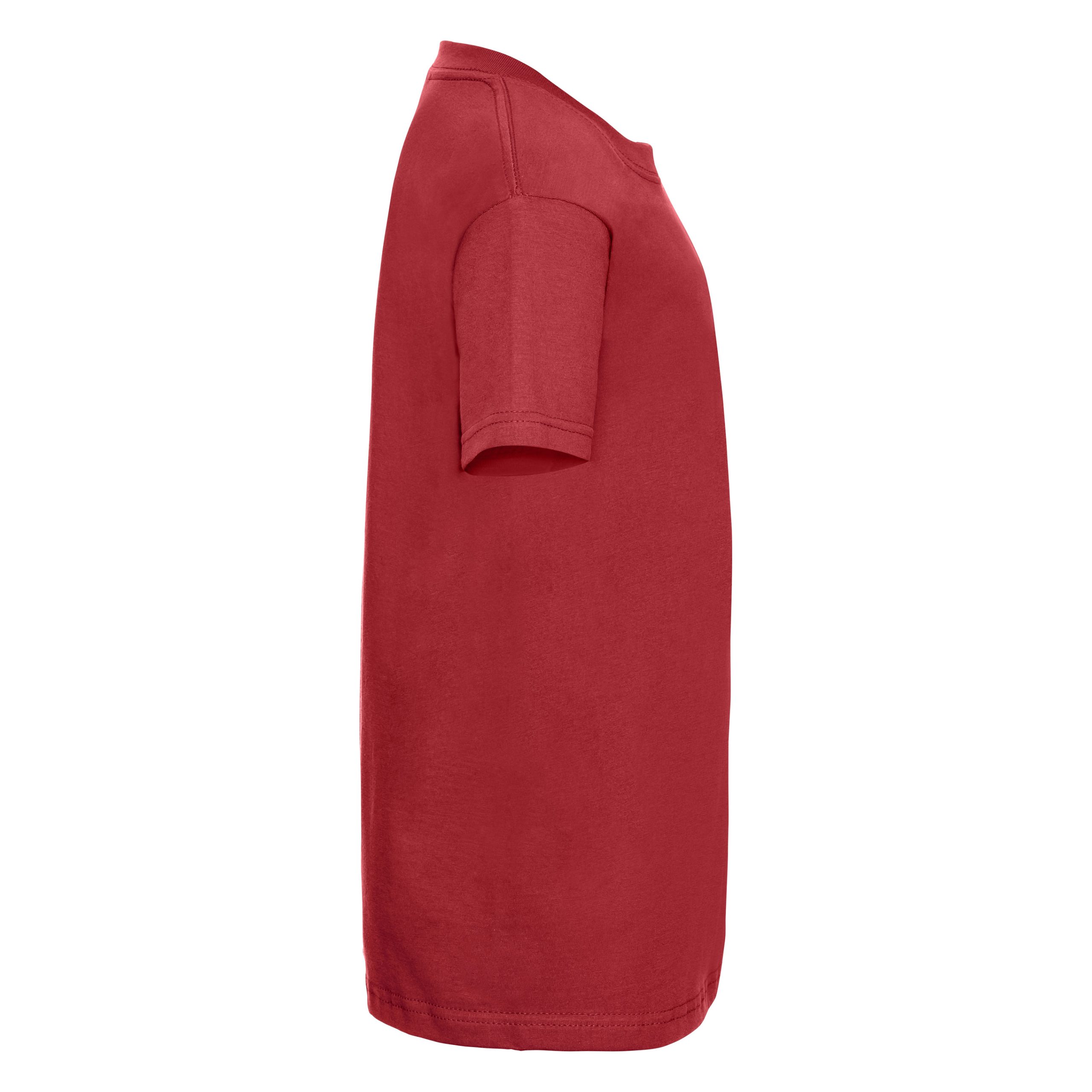 Side view of a kids plain bright red t-shirt.