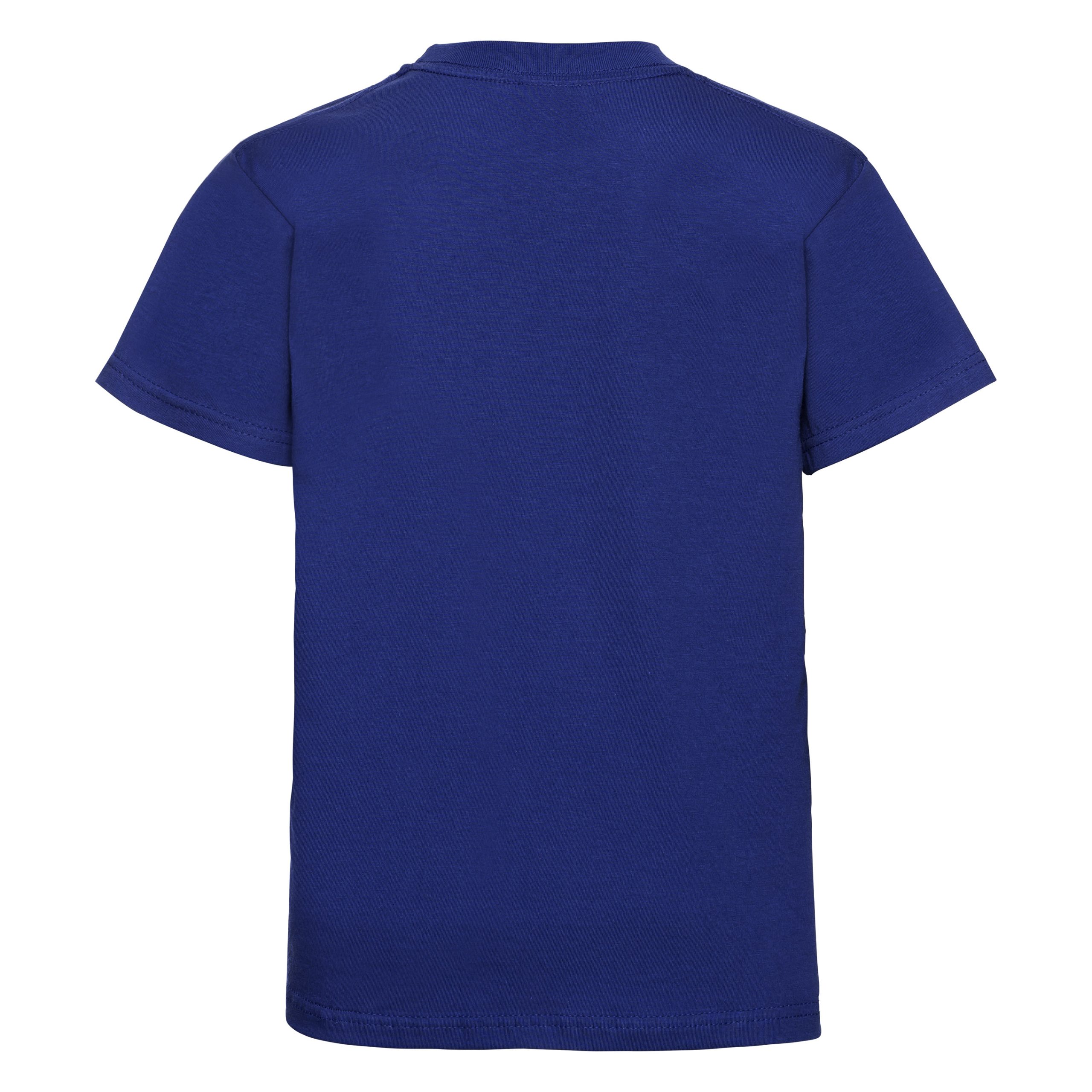Rear view of a kids' plain bright royal blue t-shirt.