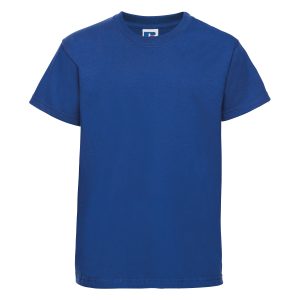 Frontal view of a kids' plain bright royal blue t-shirt.
