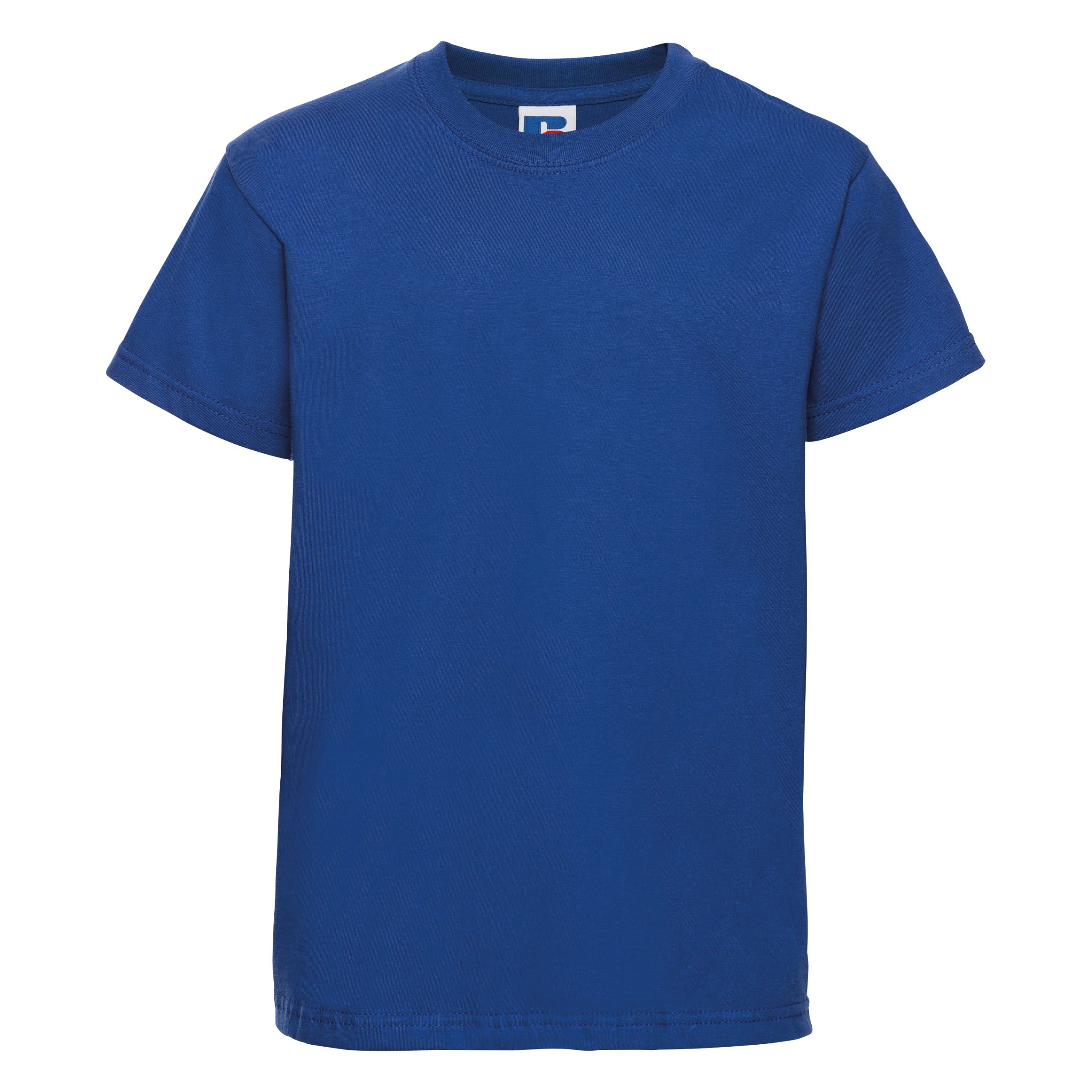 Frontal view of a kids' plain bright royal blue t-shirt.