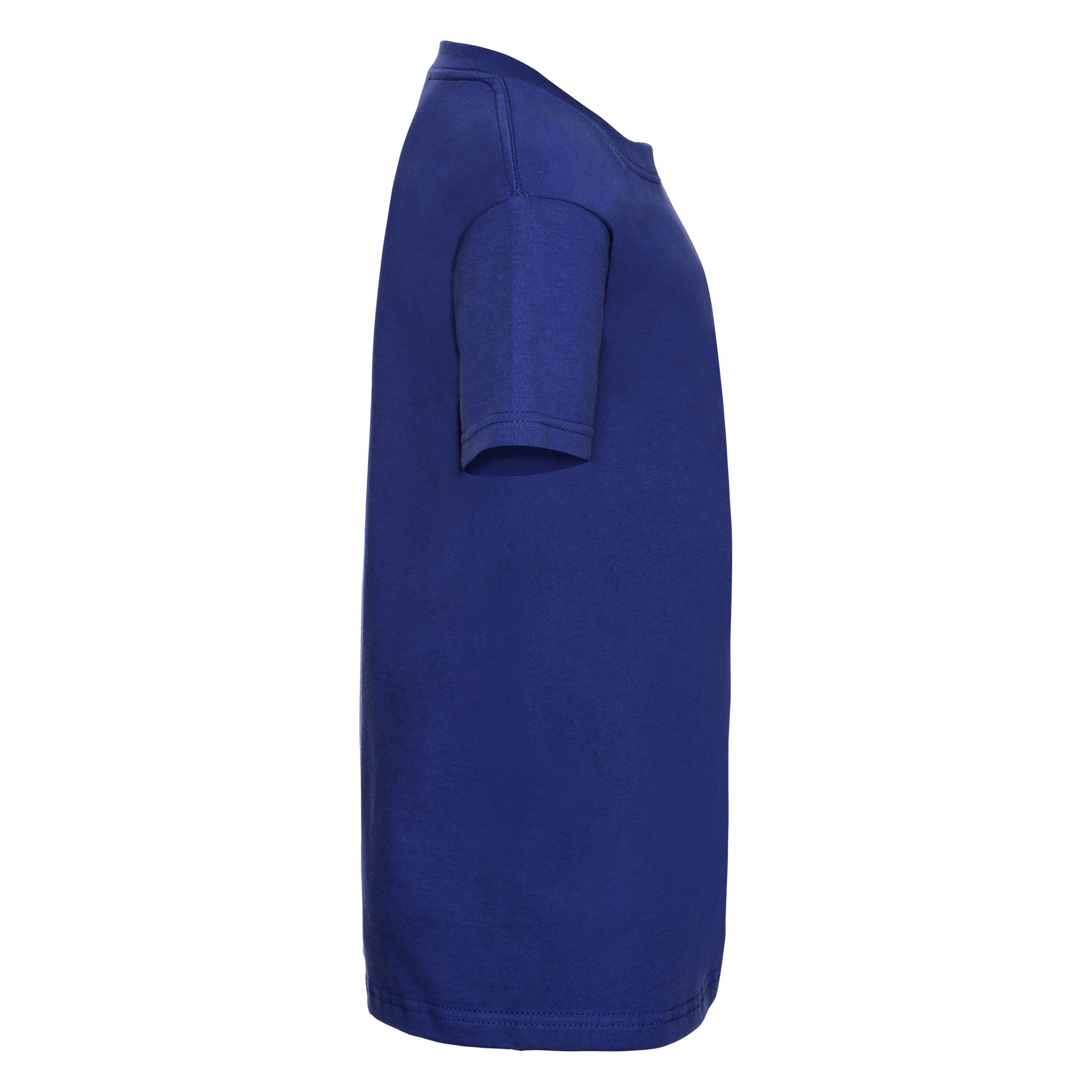 Side view of a kids' plain bright royal blue t-shirt.