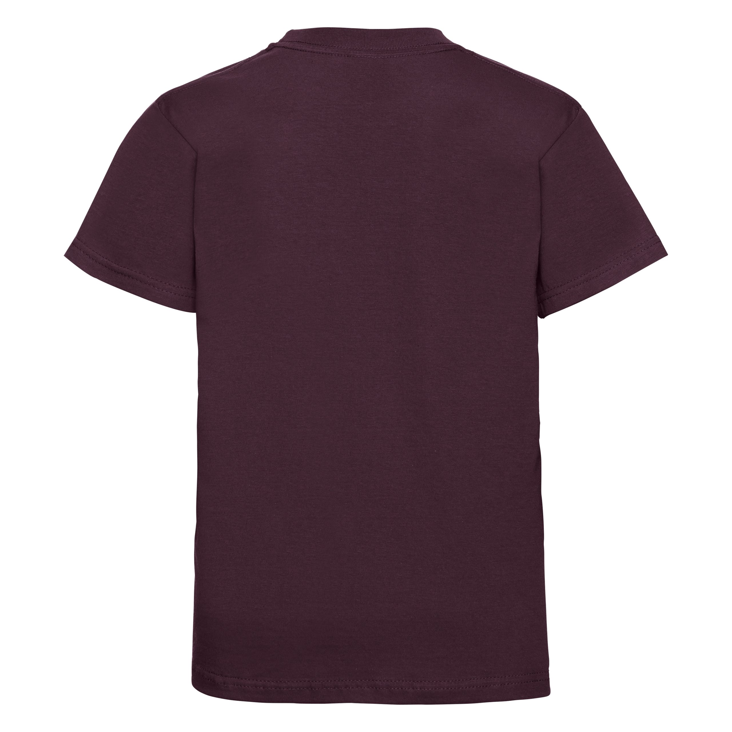Rear view of a kids' plain burgundy t-shirt.