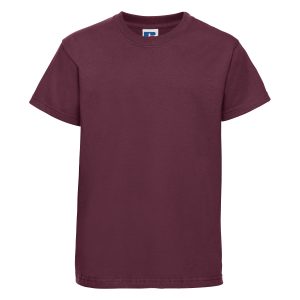 Frontal view of a kids' plain burgundy t-shirt.
