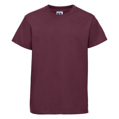Frontal view of a kids' plain burgundy t-shirt.