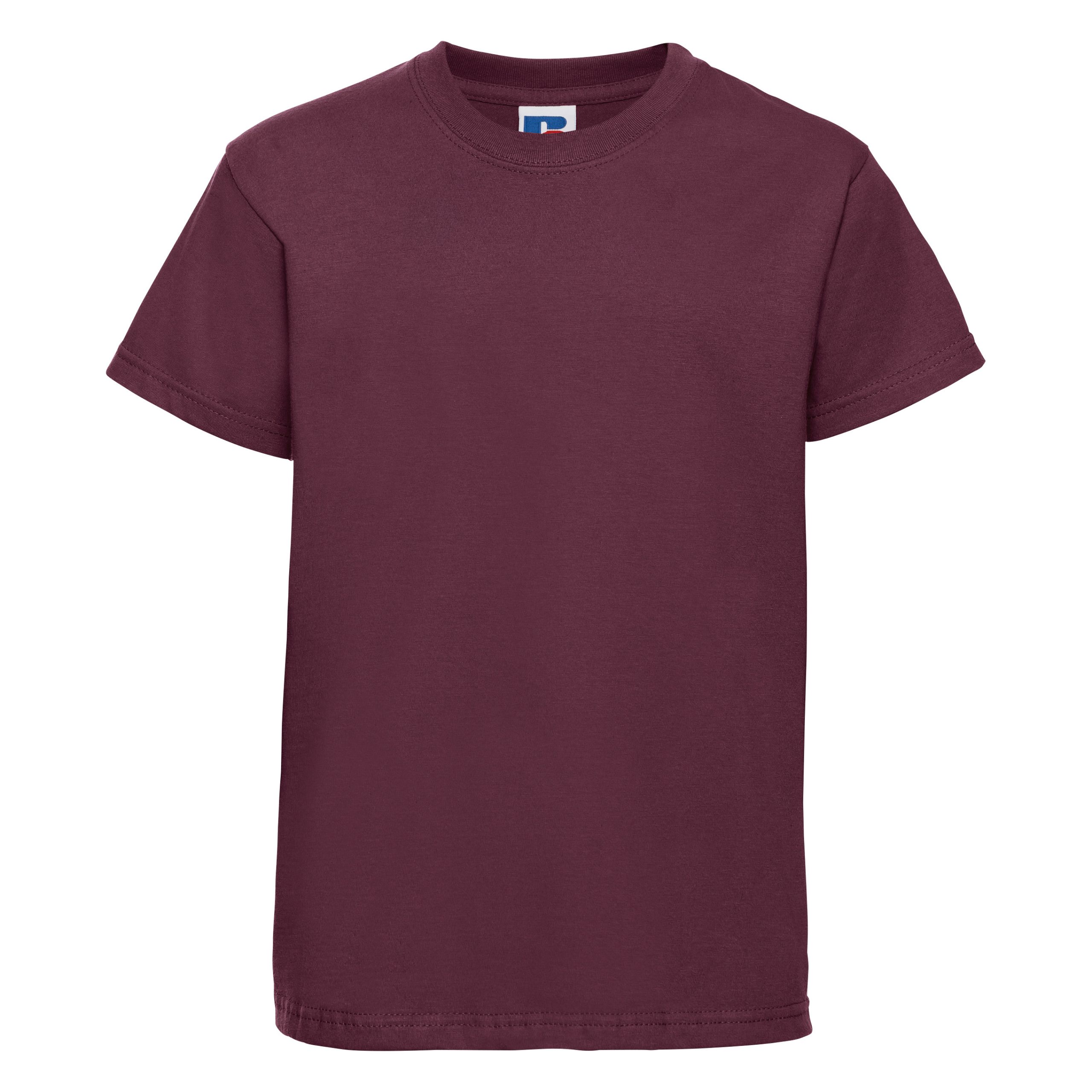 Frontal view of a kids' plain burgundy t-shirt.