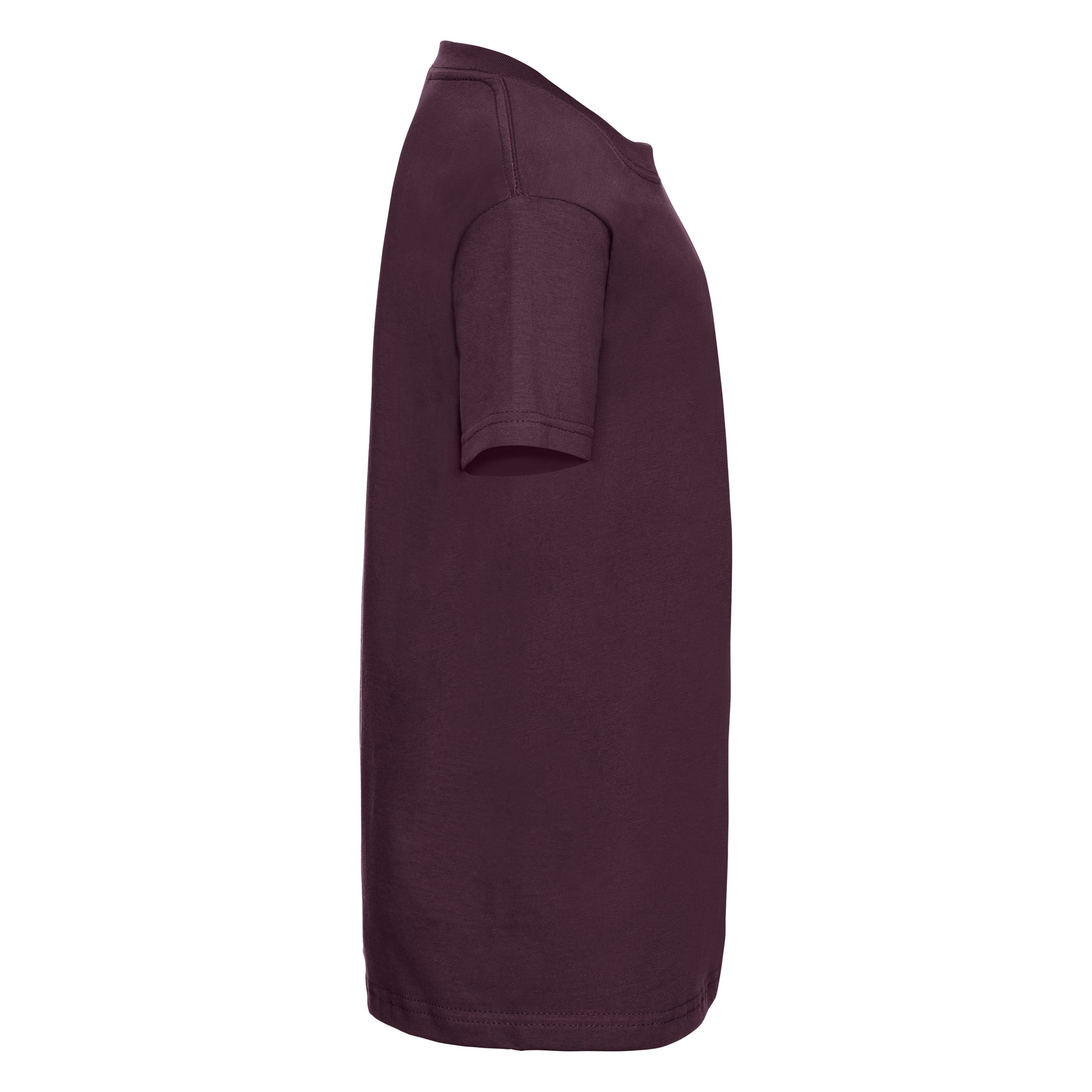 Side view of a kids' plain burgundy t-shirt.